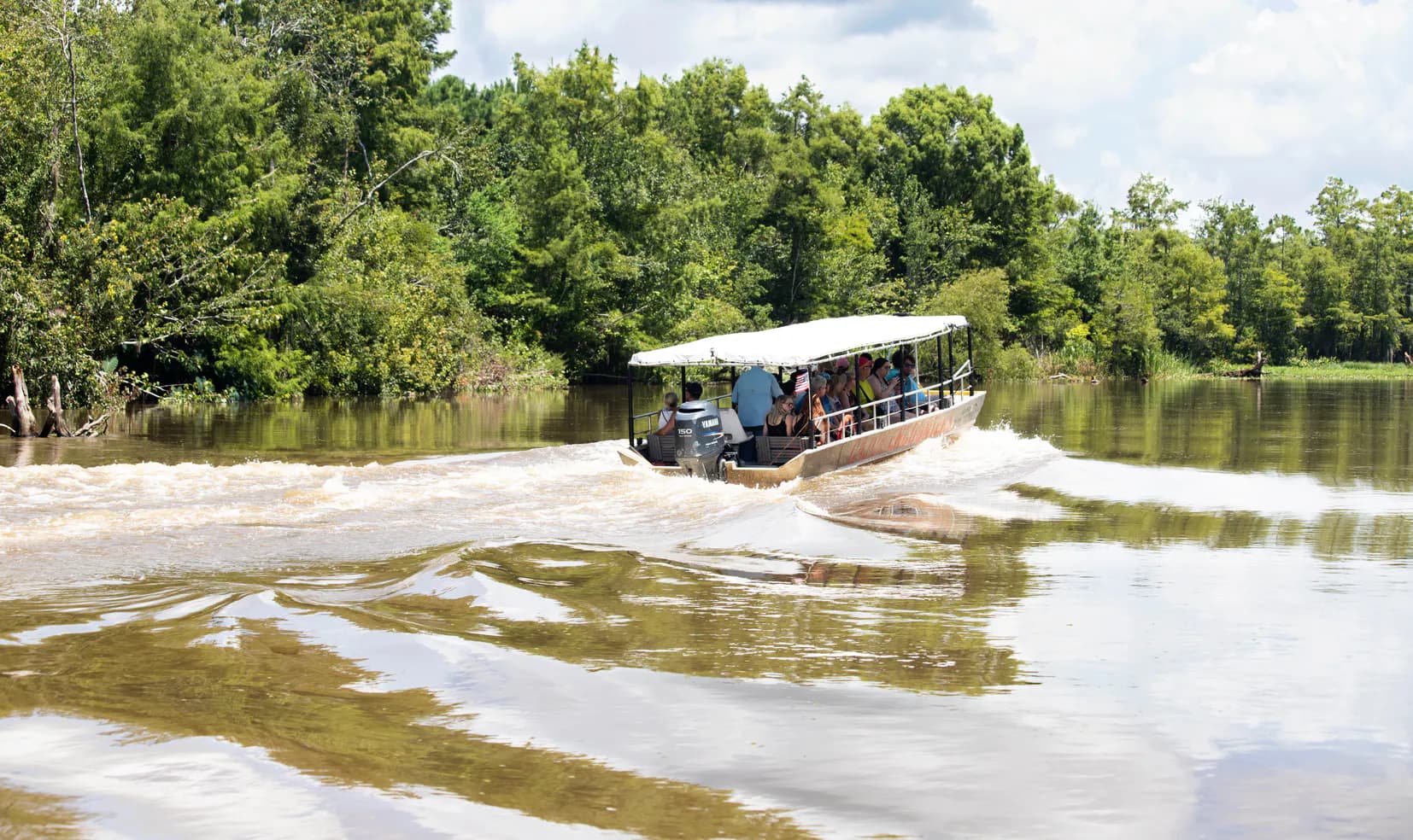 A covered swamp tour boat moving through a Louisiana waterway.